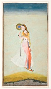 Najar picture of a woman holding a fan and looking backwards over her shoulder